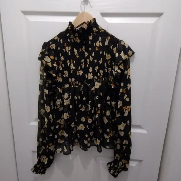 O.P.T. Floral Ruffle Neck Blouse Large Black Sheer Long Sleeve Romantic Top - Picture 9 of 15